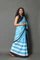 Aqua Blue Strip & Circle Block Print Mul Cotton Saree with Unstitched Blouse