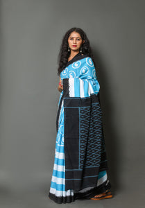 Aqua Blue Strip & Circle Block Print Mul Cotton Saree with Unstitched Blouse