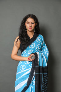 Aqua Blue Strip & Circle Block Print Mul Cotton Saree with Unstitched Blouse