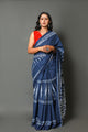 Indigo Floral Block Print Mul Cotton Saree with Unstitched Blouse