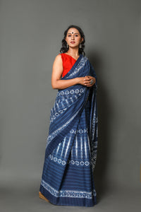 Indigo Floral Block Print Mul Cotton Saree with Unstitched Blouse