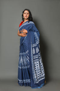 Indigo Floral Block Print Mul Cotton Saree with Unstitched Blouse