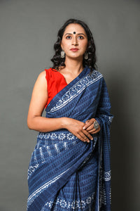Indigo Floral Block Print Mul Cotton Saree with Unstitched Blouse