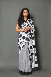 Black & White Strip Checks Block Print Mul Cotton Saree with Blouse Piece