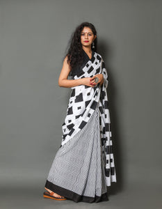 Black & White Strip Checks Block Print Mul Cotton Saree with Blouse Piece