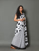 Black & White Strip Checks Block Print Mul Cotton Saree with Blouse Piece
