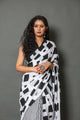 Black & White Strip Checks Block Print Mul Cotton Saree with Blouse Piece