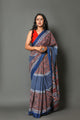 Blue & Red Block Print Mul Cotton Saree with Blouse Piece