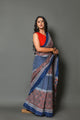Blue & Red Block Print Mul Cotton Saree with Blouse Piece