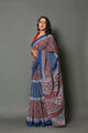 Blue & Red Block Print Mul Cotton Saree with Blouse Piece