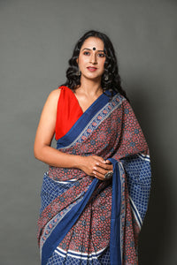 Blue & Red Block Print Mul Cotton Saree with Blouse Piece