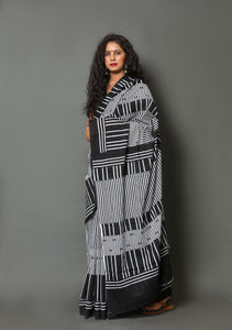 Black & White Strip Printed Mul Cotton Saree with Blouse Piece
