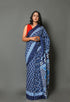 Indigo Zik-zak Block Print Mul Cotton Saree with Blouse Piece