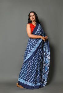 Indigo Zik-zak Block Print Mul Cotton Saree with Blouse Piece