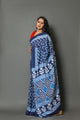 Indigo Zik-zak Block Print Mul Cotton Saree with Blouse Piece