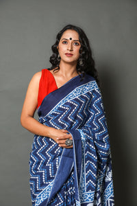 Indigo Zik-zak Block Print Mul Cotton Saree with Blouse Piece