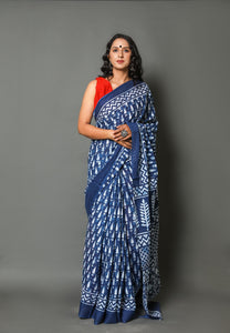 Indigo Leaf Block Print Mul Cotton Saree with Blouse Piece