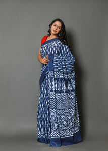 Indigo Leaf Block Print Mul Cotton Saree with Blouse Piece