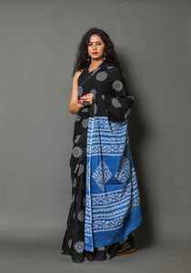 Black Circle Block Butta Print Mul Cotton sari with Blouse Piece