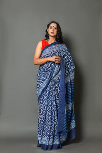 Indigo Polka Jaal Block Print Mul Cotton Saree with Blouse Piece