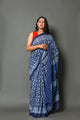 Indigo Polka Jaal Block Print Mul Cotton Saree with Blouse Piece