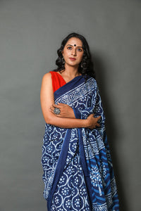 Indigo Polka Jaal Block Print Mul Cotton Saree with Blouse Piece
