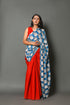 Red & Turquoise Kalamkari Face Print Cotton Saree with Blouse Piece