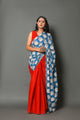 Red & Turquoise Kalamkari Face Print Cotton Saree with Blouse Piece