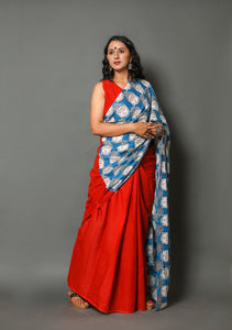 Red & Turquoise Kalamkari Face Print Cotton Saree with Blouse Piece