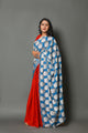 Red & Turquoise Kalamkari Face Print Cotton Saree with Blouse Piece