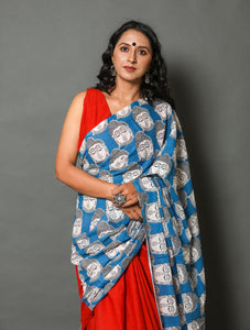 Red & Turquoise Kalamkari Face Print Cotton Saree with Blouse Piece