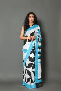Black Star Block Print Mul Cotton Sari with Blouse Piece