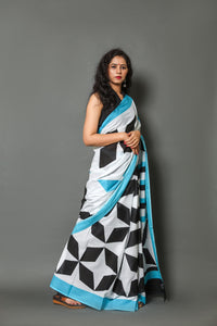 Black Star Block Print Mul Cotton Sari with Blouse Piece