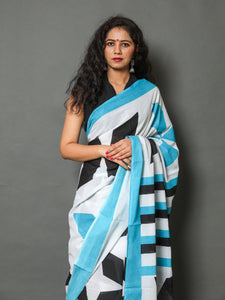 Black Star Block Print Mul Cotton Sari with Blouse Piece