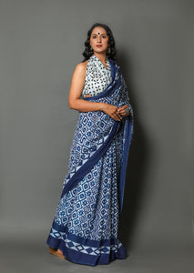 Indigo Jaal Block Print Cotton Saree with Blouse Piece