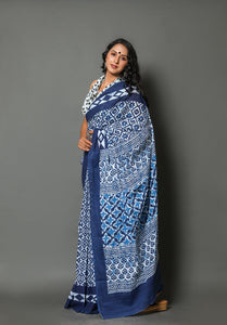 Indigo Jaal Block Print Cotton Saree with Blouse Piece