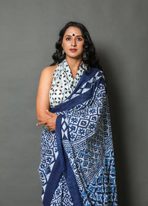 Indigo Jaal Block Print Cotton Saree with Blouse Piece