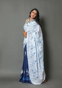 Blue & White Hand Butta Print Cotton Saree with Blouse Piece