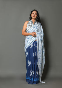 Blue & White Hand Butta Print Cotton Saree with Blouse Piece