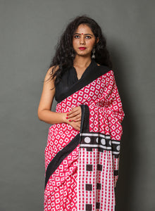 Pink Square Block Print Cotton Saree with Blouse