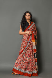 Ivory Jaal Block Print Cotton Saree with Blouse Piece
