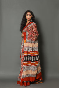 Ivory Jaal Block Print Cotton Saree with Blouse Piece