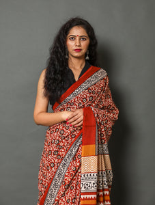 Ivory Jaal Block Print Cotton Saree with Blouse Piece