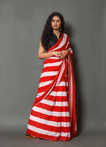 Red & White Strip Printed Cotton Saree with Blouse Piece
