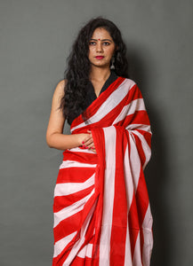 Red & White Strip Printed Cotton Saree with Blouse Piece