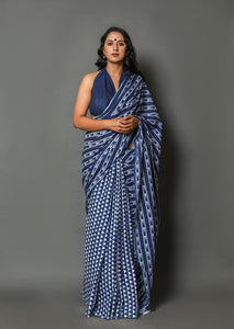 Blue Geometric Print Cotton Saree with Blouse Piece
