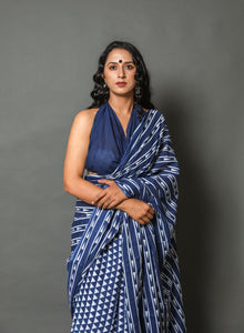 Blue Geometric Print Cotton Saree with Blouse Piece
