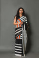 Black & Orange Strip Print Cotton Saree with Blouse Piece