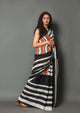 Black & Orange Strip Print Cotton Saree with Blouse Piece