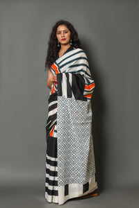 Black & Orange Strip Print Cotton Saree with Blouse Piece